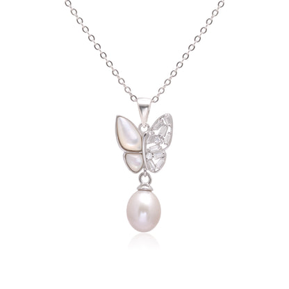 925 Sterling Silver Half Crystal Butterfly Pendant With Pearl Pendant Necklace