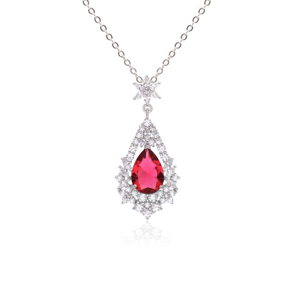 925 Sterling Silver Water Drop Gemstone Pendant Necklace | Blue | Red | Green