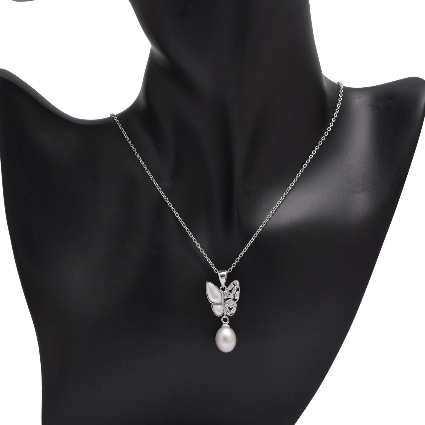 925 Sterling Silver Half Crystal Butterfly Pendant With Pearl Pendant Necklace