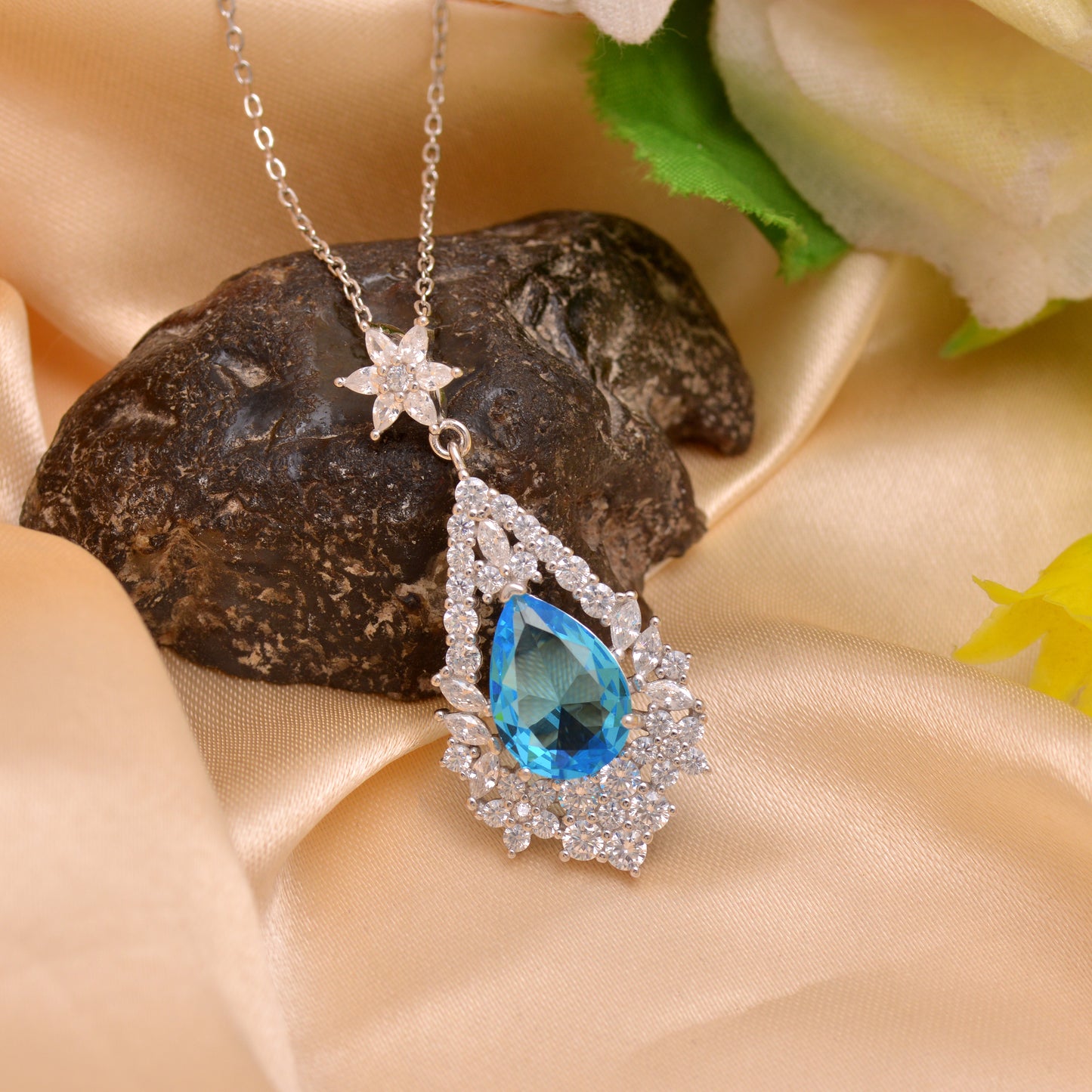 925 Sterling Silver Water Drop Gemstone Pendant Necklace | Blue | Red | Green