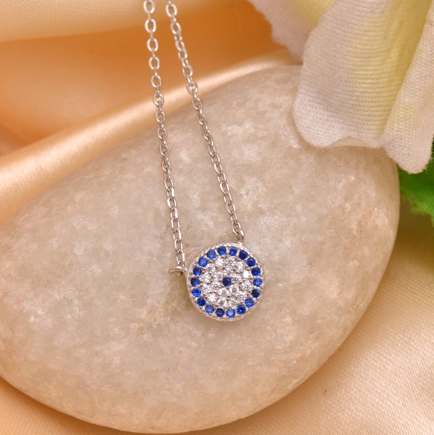 925 Sterling Silver Round Evil Eye Necklace with Chain For Women