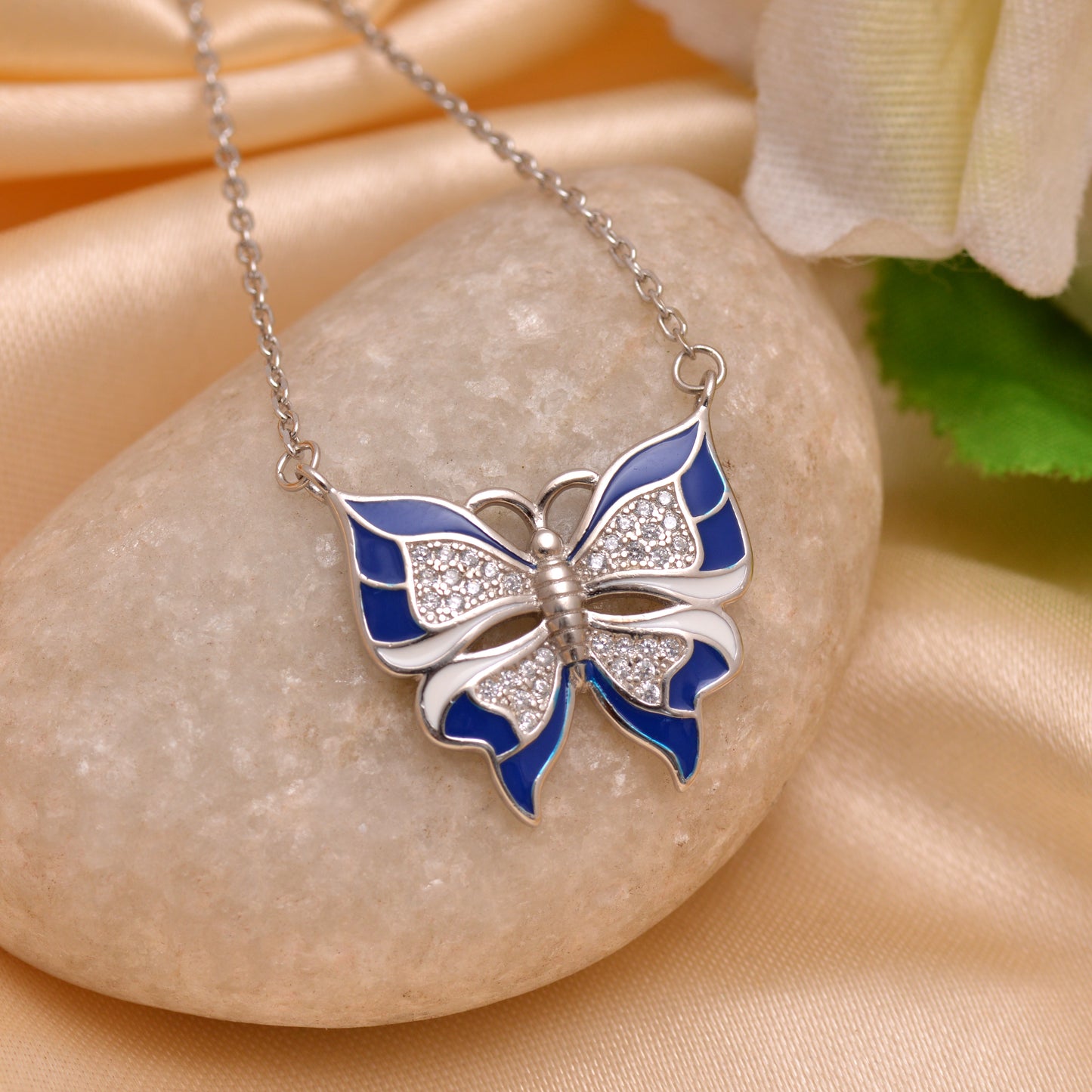 925 Sterling Silver Blue Butterfly Pendant Necklace For Women