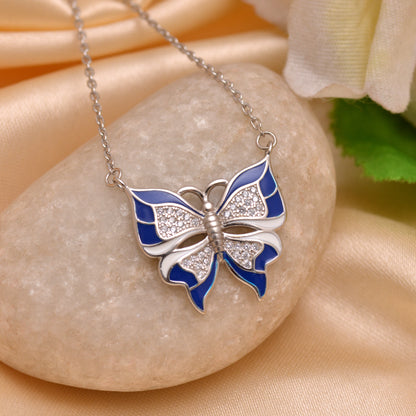 925 Sterling Silver Blue Butterfly Pendant Necklace For Women