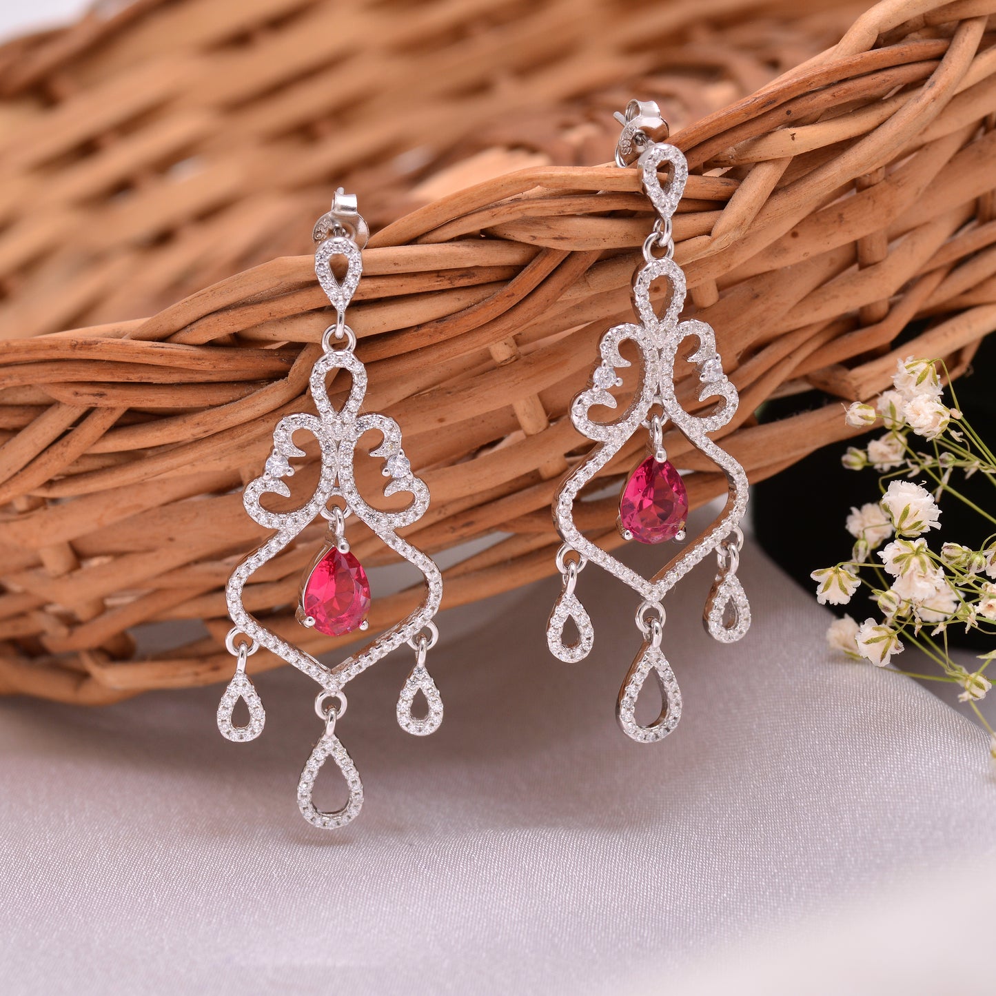 925 Sterling Silver Chandelier Dangle Earrings For Women | Pink | Silver | Green