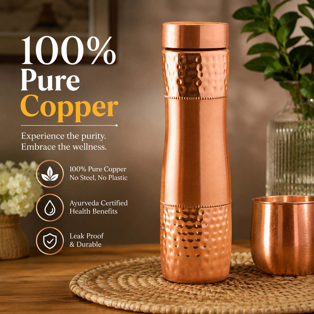 Pure Copper Designer Bottle, Handcrafted Water Bottle, Hammered Copper Water Bottle, Ayurveda Benefits Bottle, Gym Bottle, Perfect Gift