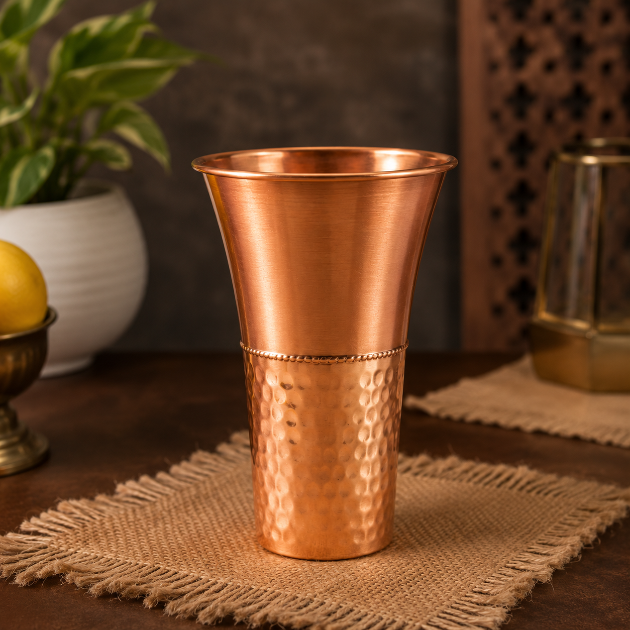 Copper Cup, Tamba Copper Glass, Half Hammered Big Copper Glass Tumbler, Health Benefits Drinking Glass, Copper Glass Set, Kitchenware Gift