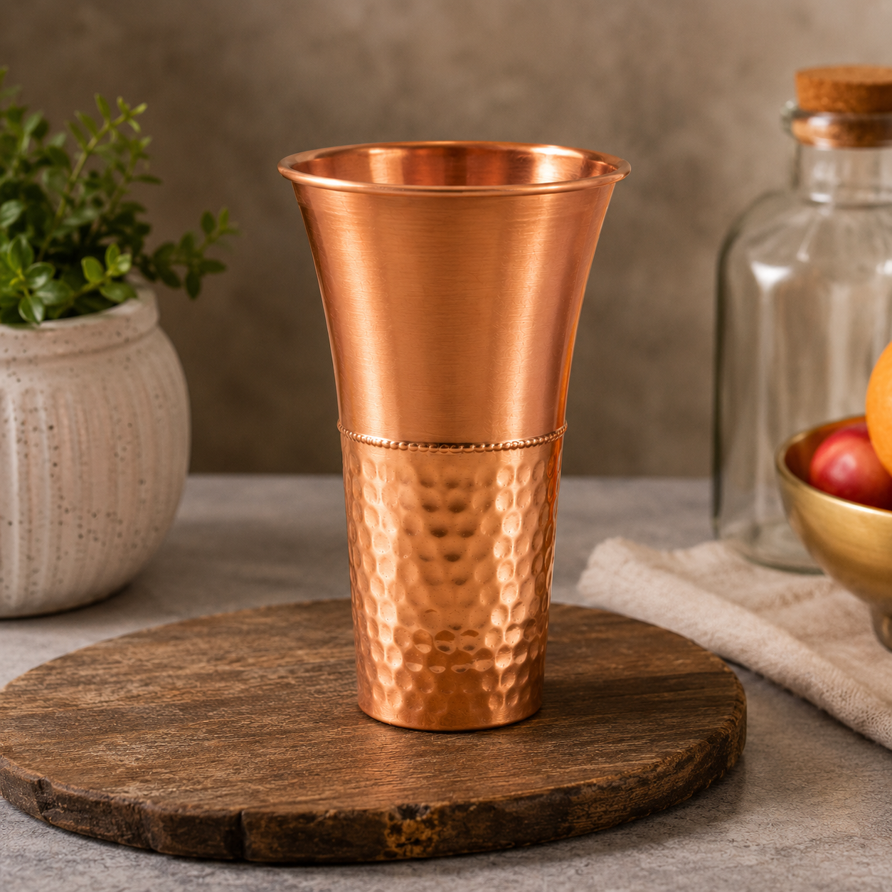 Copper Cup, Tamba Copper Glass, Half Hammered Big Copper Glass Tumbler, Health Benefits Drinking Glass, Copper Glass Set, Kitchenware Gift