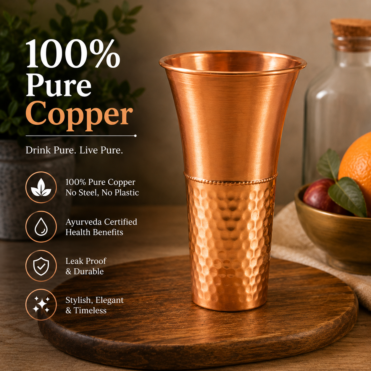 Copper Cup, Tamba Copper Glass, Half Hammered Big Copper Glass Tumbler, Health Benefits Drinking Glass, Copper Glass Set, Kitchenware Gift