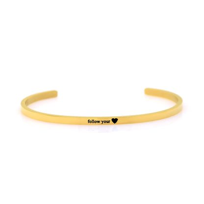 Follow your Heart Bracelet | Inspirational Quote Barcelet | Gold Engraved Cuff Bracelet | Adjustable Minimalist Bangle | Motivational Gift