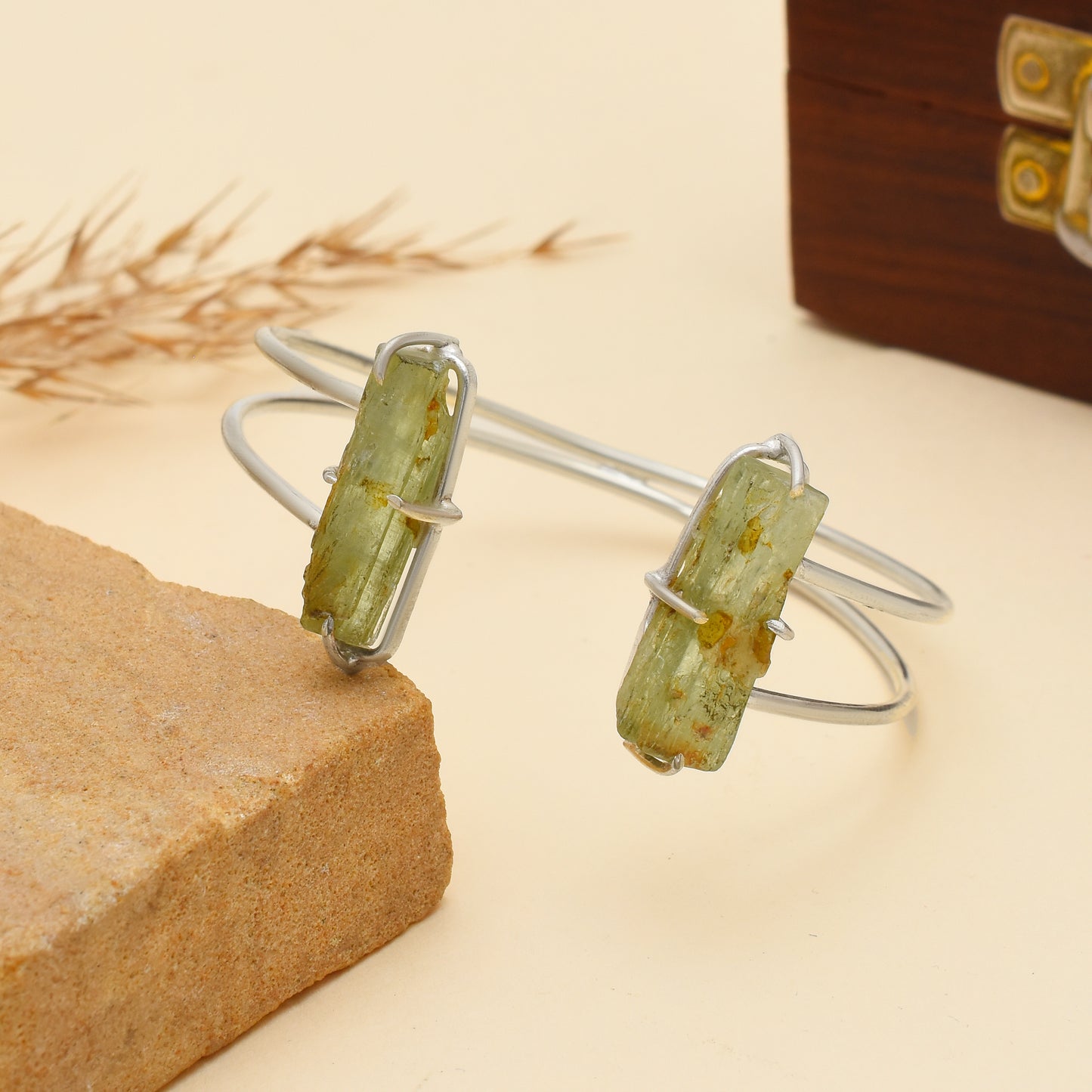 Raw Green Kyanite Gemstone Open Cuff Bracelet, 925 Sterling Silver Gemstone Rough Bangle, Adjustable Healing Stone Jewelry, Gift for Her