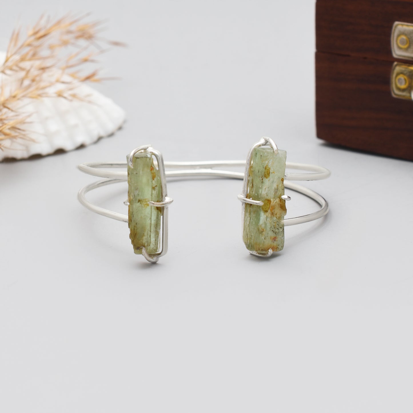 Raw Green Kyanite Gemstone Open Cuff Bracelet, 925 Sterling Silver Gemstone Rough Bangle, Adjustable Healing Stone Jewelry, Gift for Her