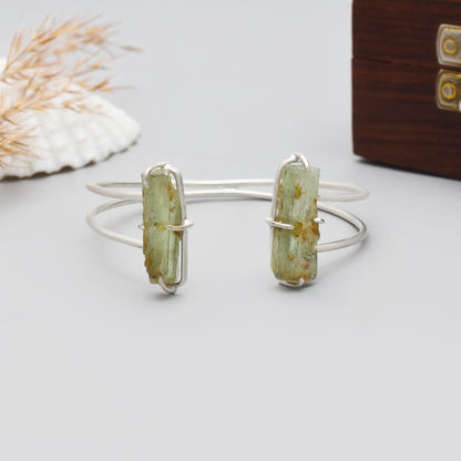 Raw Green Kyanite Gemstone Open Cuff Bracelet, 925 Sterling Silver Gemstone Rough Bangle, Adjustable Healing Stone Jewelry, Gift for Her