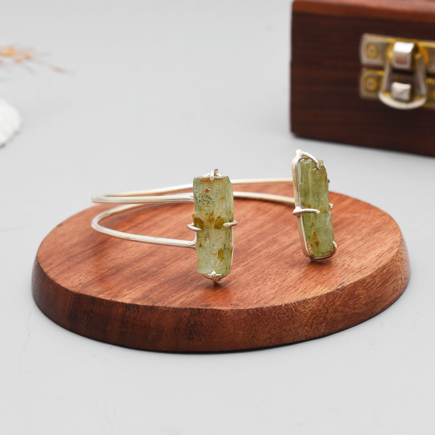Raw Green Kyanite Gemstone Open Cuff Bracelet, 925 Sterling Silver Gemstone Rough Bangle, Adjustable Healing Stone Jewelry, Gift for Her