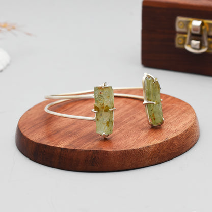 Raw Green Kyanite Gemstone Open Cuff Bracelet, 925 Sterling Silver Gemstone Rough Bangle, Adjustable Healing Stone Jewelry, Gift for Her