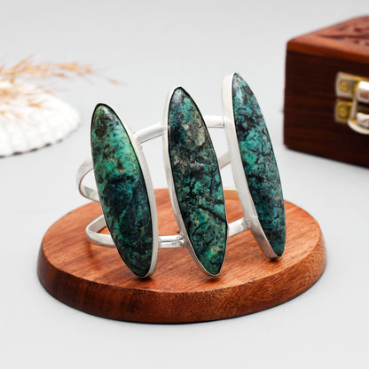Real Shattuckite Gemstone Bangle, Handmade Shattuckite Triple Stone Cuff Bracelet, Adjustable 925 Sterling Silver Open Cuff Bangle