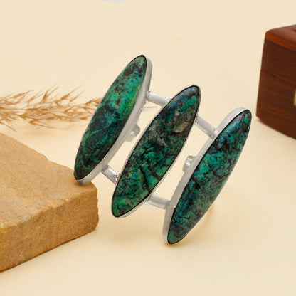 Real Shattuckite Gemstone Bangle, Handmade Shattuckite Triple Stone Cuff Bracelet, Adjustable 925 Sterling Silver Open Cuff Bangle