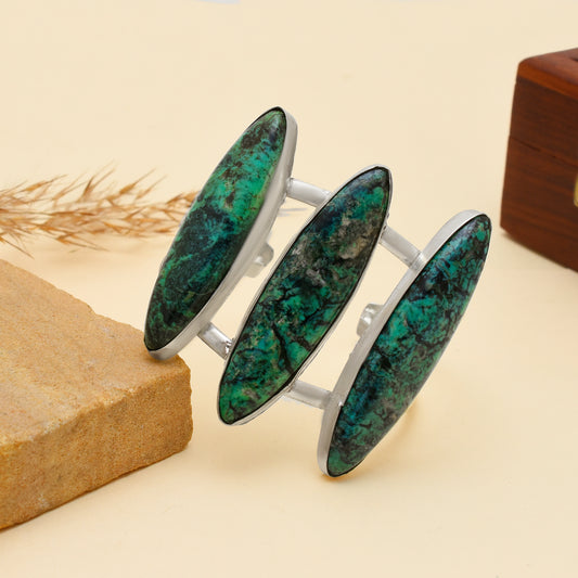 Real Shattuckite Gemstone Bangle, Handmade Shattuckite Triple Stone Cuff Bracelet, Adjustable 925 Sterling Silver Open Cuff Bangle