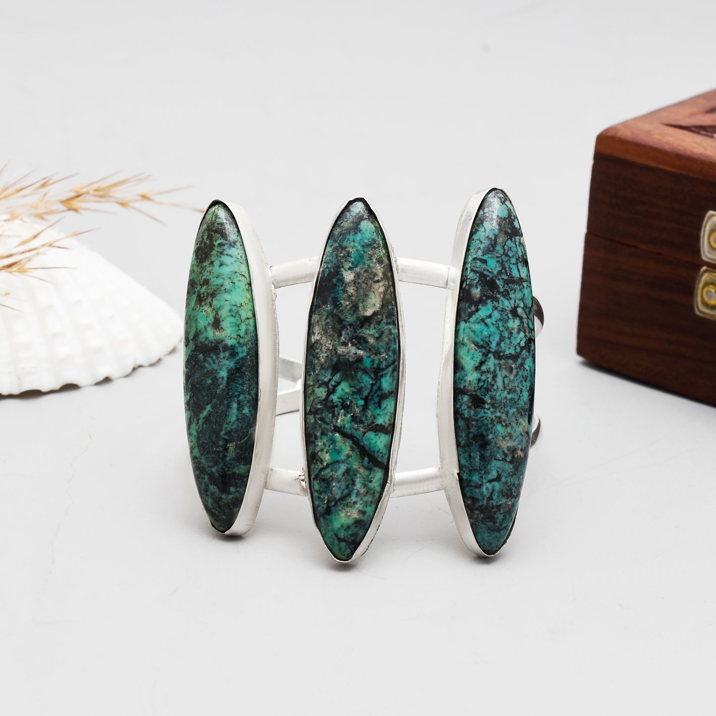 Real Shattuckite Gemstone Bangle, Handmade Shattuckite Triple Stone Cuff Bracelet, Adjustable 925 Sterling Silver Open Cuff Bangle