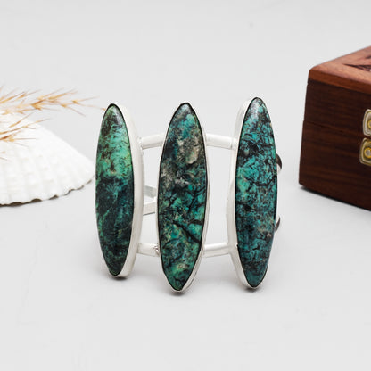 Real Shattuckite Gemstone Bangle, Handmade Shattuckite Triple Stone Cuff Bracelet, Adjustable 925 Sterling Silver Open Cuff Bangle