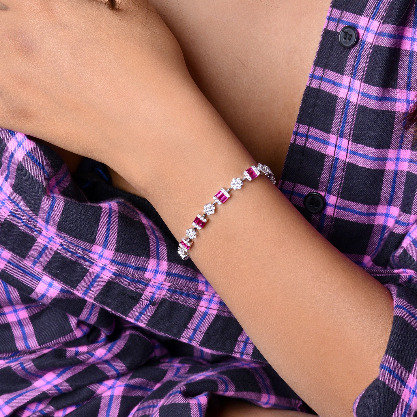 925 Sterling Silver Pink Cubic Zircon Tennis Bracelet For Women