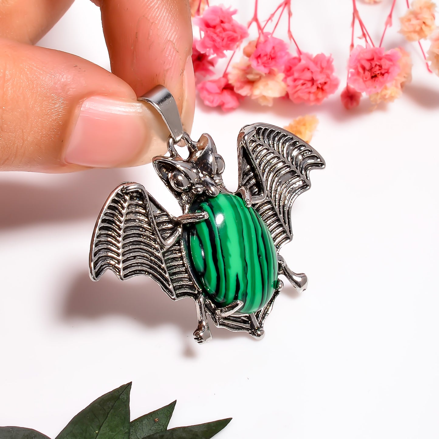 Malachite Bat Pendant | Bat Necklace | Green Crystal Jewelry | Halloween Jewelry | Natural Stone Pendant | Witchy Jewelry | Halloween Gift