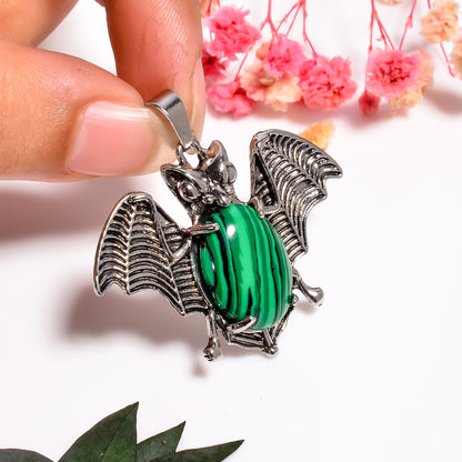 Malachite Bat Pendant | Bat Necklace | Green Crystal Jewelry | Halloween Jewelry | Natural Stone Pendant | Witchy Jewelry | Halloween Gift
