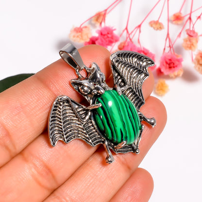 Malachite Bat Pendant | Bat Necklace | Green Crystal Jewelry | Halloween Jewelry | Natural Stone Pendant | Witchy Jewelry | Halloween Gift