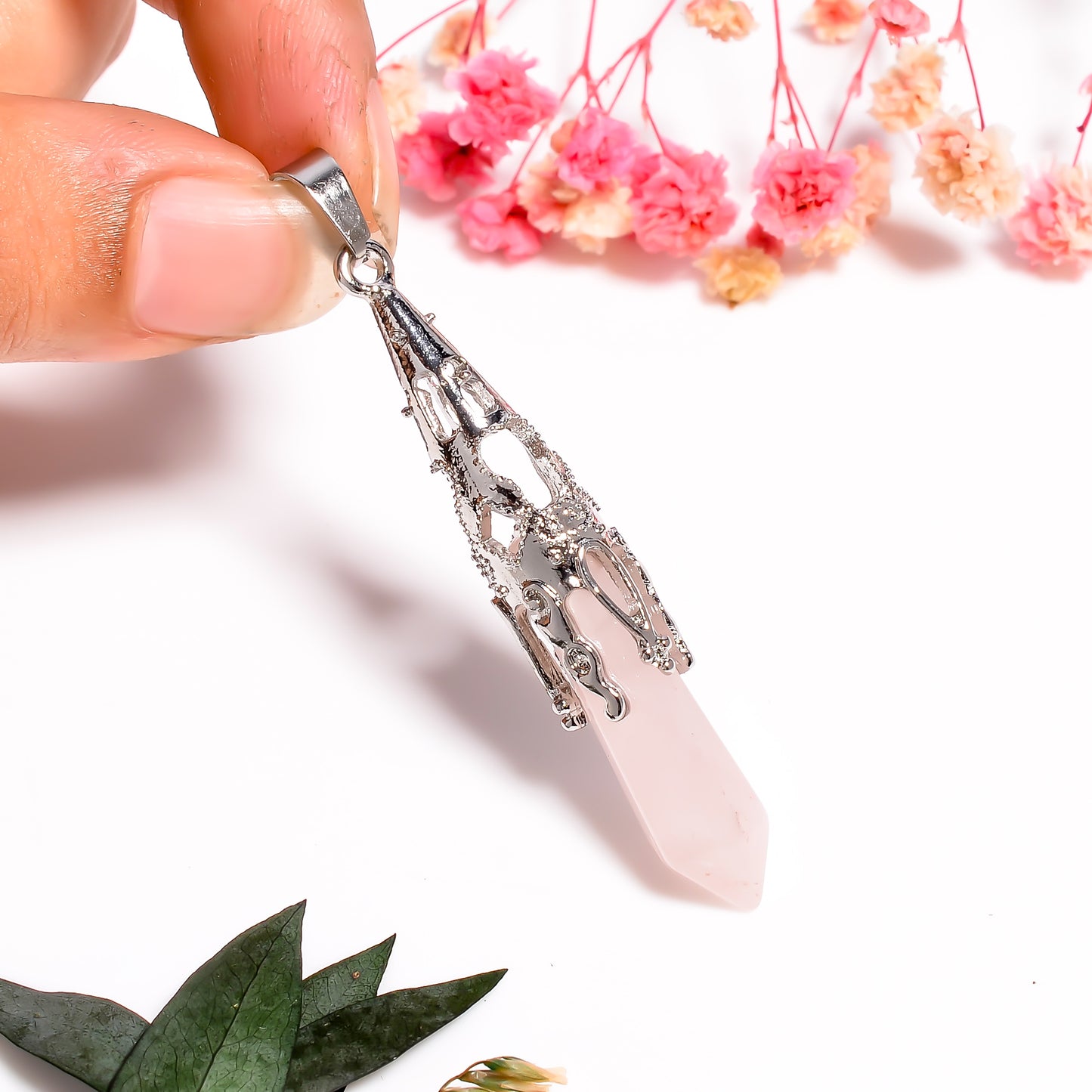 Rose Quartz Pendant | Healing Crystal Point Necklace | 925 Silver Rose Quartz Necklace | Love Stone Jewelry | Handmade Pendant Gift for Her