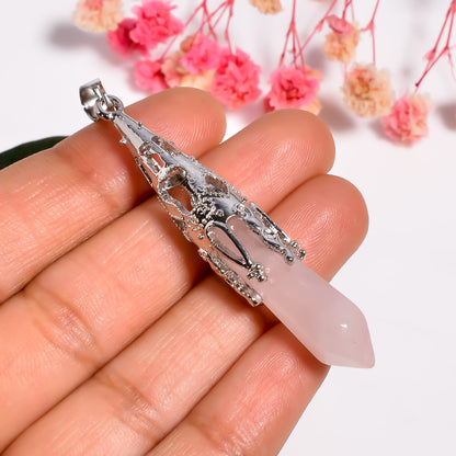 Rose Quartz Pendant | Healing Crystal Point Necklace | 925 Silver Rose Quartz Necklace | Love Stone Jewelry | Handmade Pendant Gift for Her