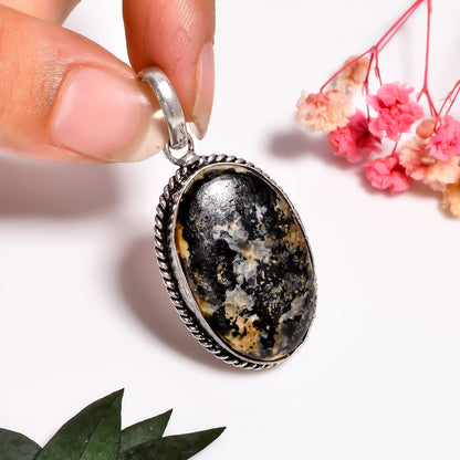 Oval Jasper Pendant | Natural Black Jasper Necklace | Handmade 925 Silver Gemstone Jewelry | Earthy Stone Pendant | Boho Crystal Gift