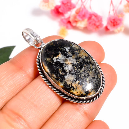 Oval Jasper Pendant | Natural Black Jasper Necklace | Handmade 925 Silver Gemstone Jewelry | Earthy Stone Pendant | Boho Crystal Gift