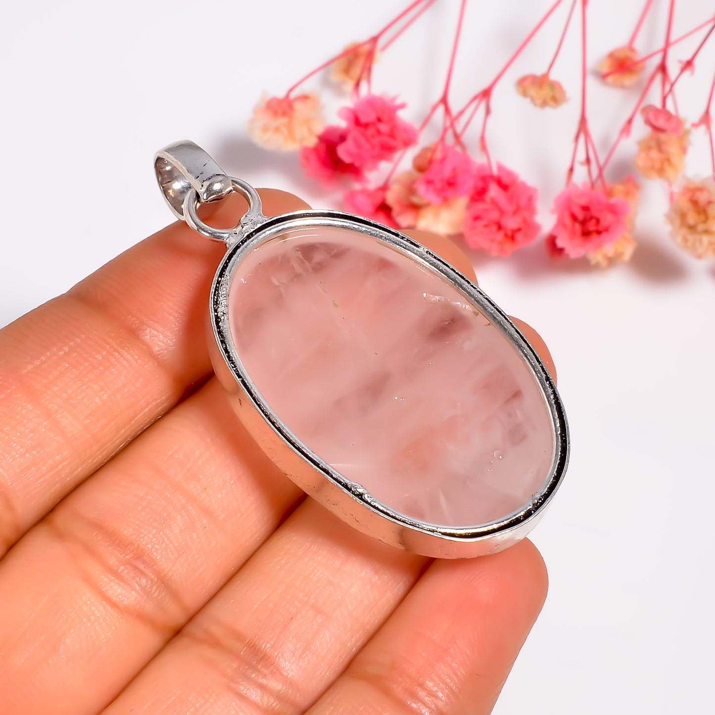 Genuine Rose Quartz Oval Cut Necklace, 925 Silver Love Gemstone Pendant, Handmade Gemstone Jewelry, Gift for Her