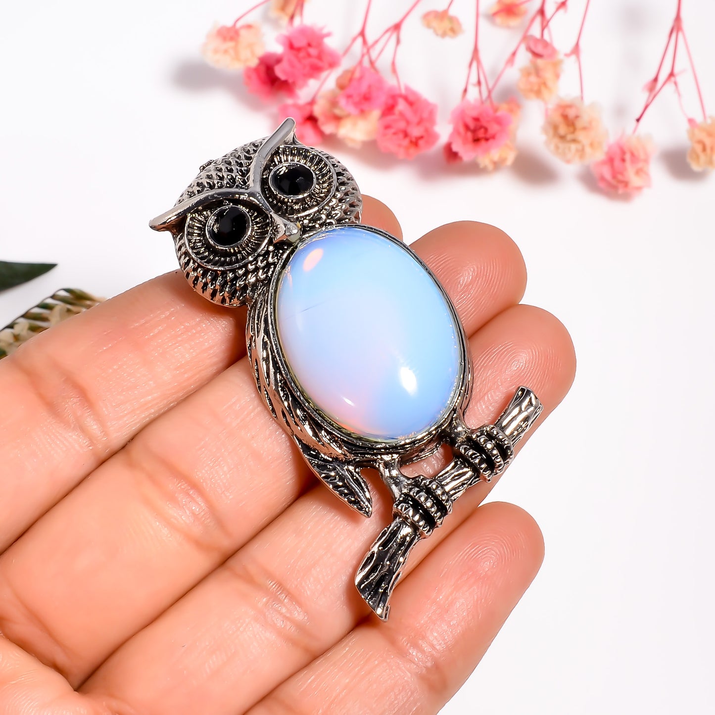 Owl Pendant, Opalite Pendant, 925 Silver Handmade Owl Opalite Necklace, Owl Necklace, Gift for her