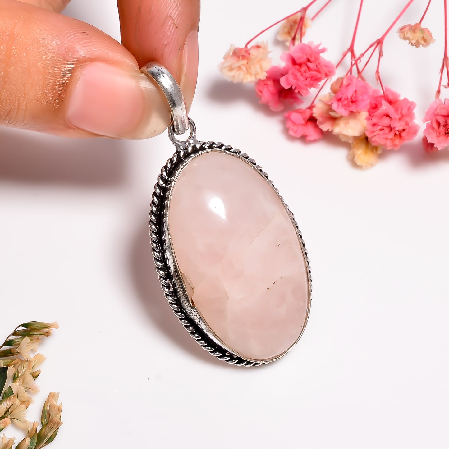 Natural Rose Quartz Gemstone Jewelry, 925 Silver Handmade Pendant for Women, Vintage Theme Bohemian Jewelry, Love Pendant for Her