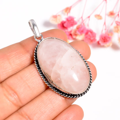 Natural Rose Quartz Gemstone Jewelry, 925 Silver Handmade Pendant for Women, Vintage Theme Bohemian Jewelry, Love Pendant for Her