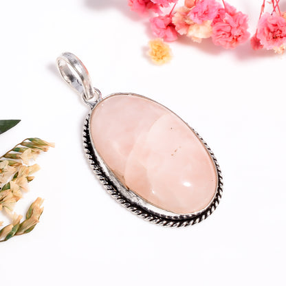 Natural Rose Quartz Gemstone Jewelry, 925 Silver Handmade Pendant for Women, Vintage Theme Bohemian Jewelry, Love Pendant for Her
