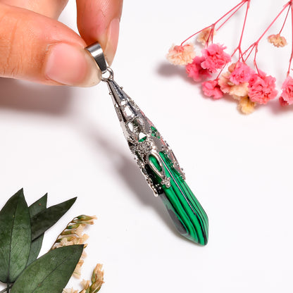 Malachite Gemstone Point Pendant, 925 Silver Necklace, Handmade Gemstone Pendant, Natural Crystal Point Pendant, Point Pendulum for Her