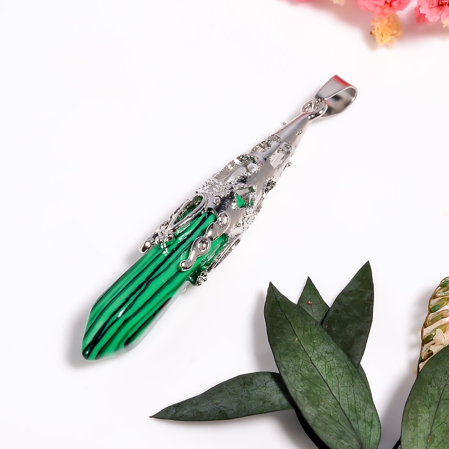 Malachite Gemstone Point Pendant, 925 Silver Necklace, Handmade Gemstone Pendant, Natural Crystal Point Pendant, Point Pendulum for Her