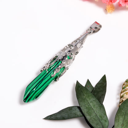 Malachite Gemstone Point Pendant, 925 Silver Necklace, Handmade Gemstone Pendant, Natural Crystal Point Pendant, Point Pendulum for Her