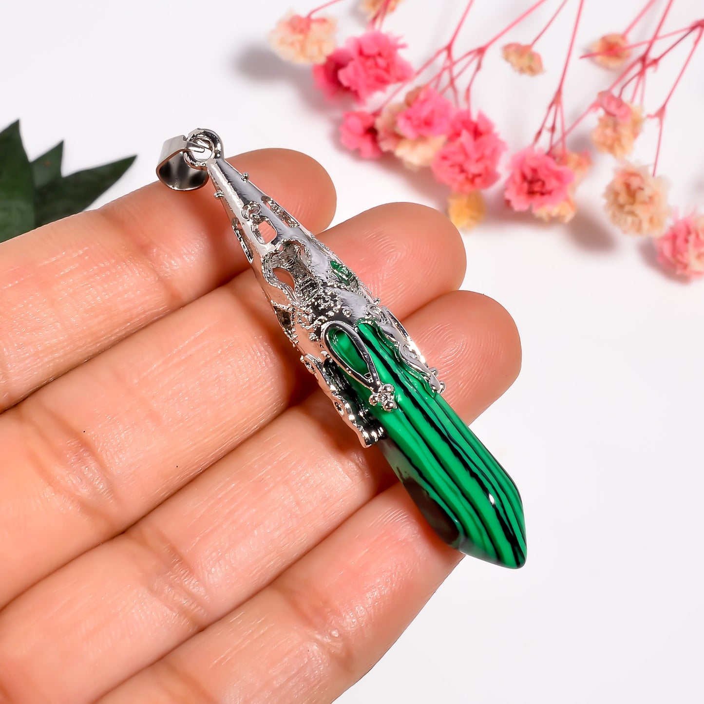 Malachite Gemstone Point Pendant, 925 Silver Necklace, Handmade Gemstone Pendant, Natural Crystal Point Pendant, Point Pendulum for Her