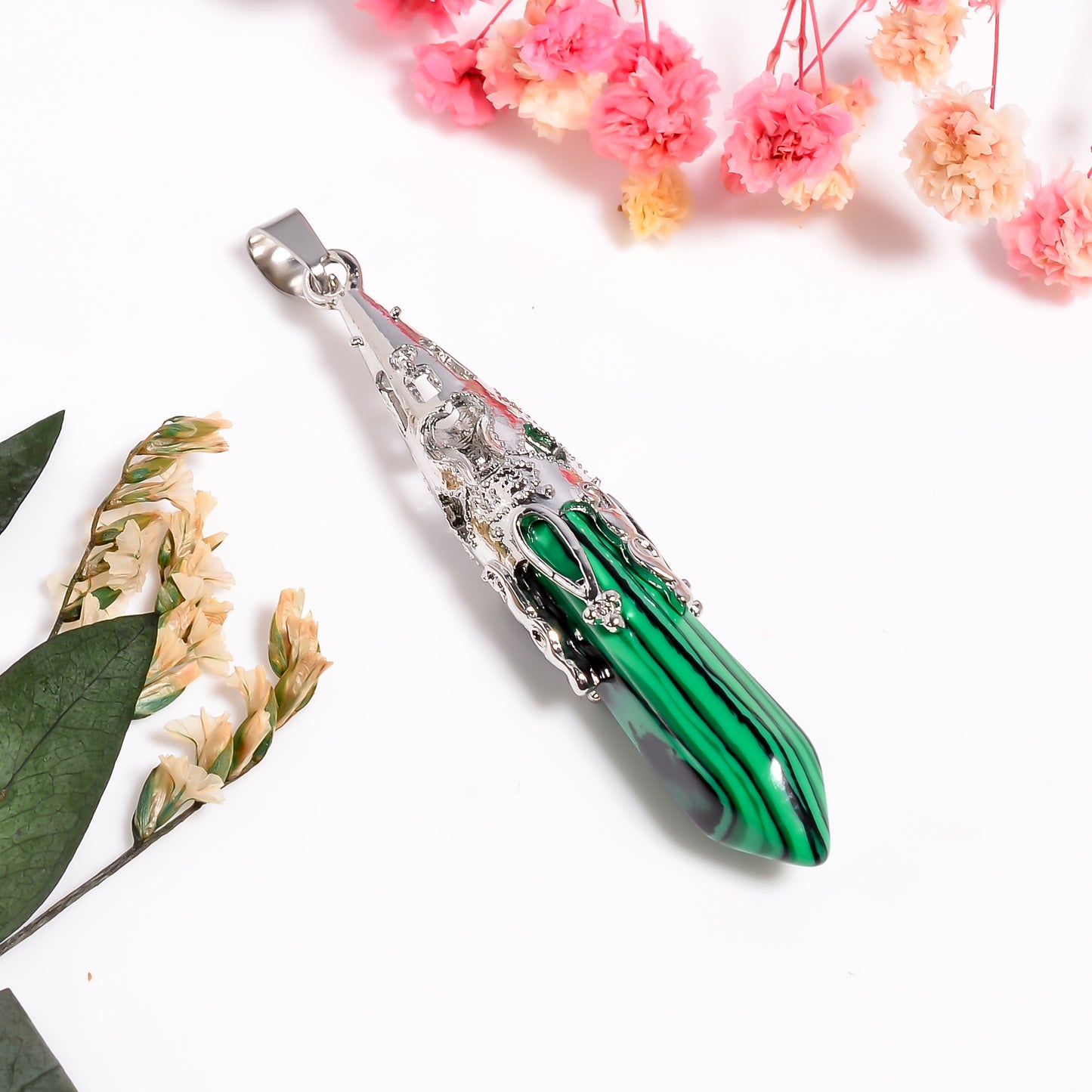 Malachite Gemstone Point Pendant, 925 Silver Necklace, Handmade Gemstone Pendant, Natural Crystal Point Pendant, Point Pendulum for Her