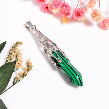 Malachite Gemstone Point Pendant, 925 Silver Necklace, Handmade Gemstone Pendant, Natural Crystal Point Pendant, Point Pendulum for Her