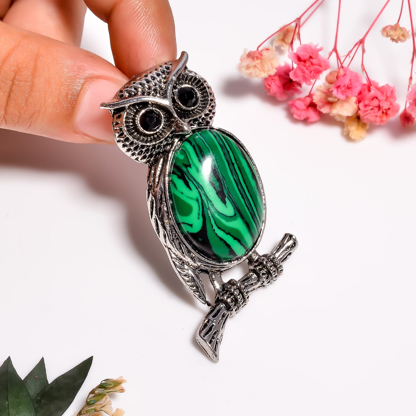 Owl Pendant, Malachite Gemstone Owl Necklace, 925 Silver Natural Gemstone Pendant, Black Onyx Pendant, Healing Crystal Pendant for Her