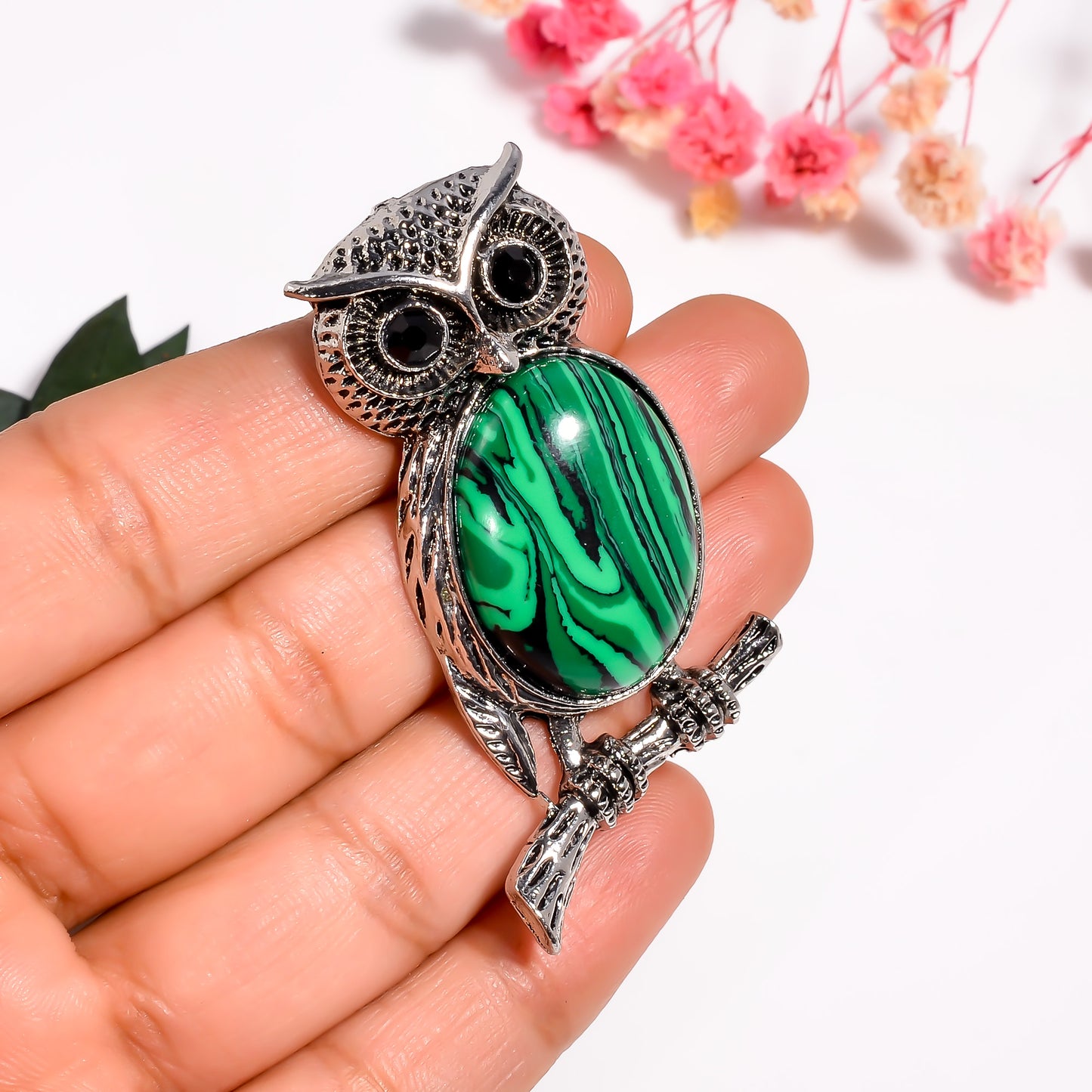 Owl Pendant, Malachite Gemstone Owl Necklace, 925 Silver Natural Gemstone Pendant, Black Onyx Pendant, Healing Crystal Pendant for Her