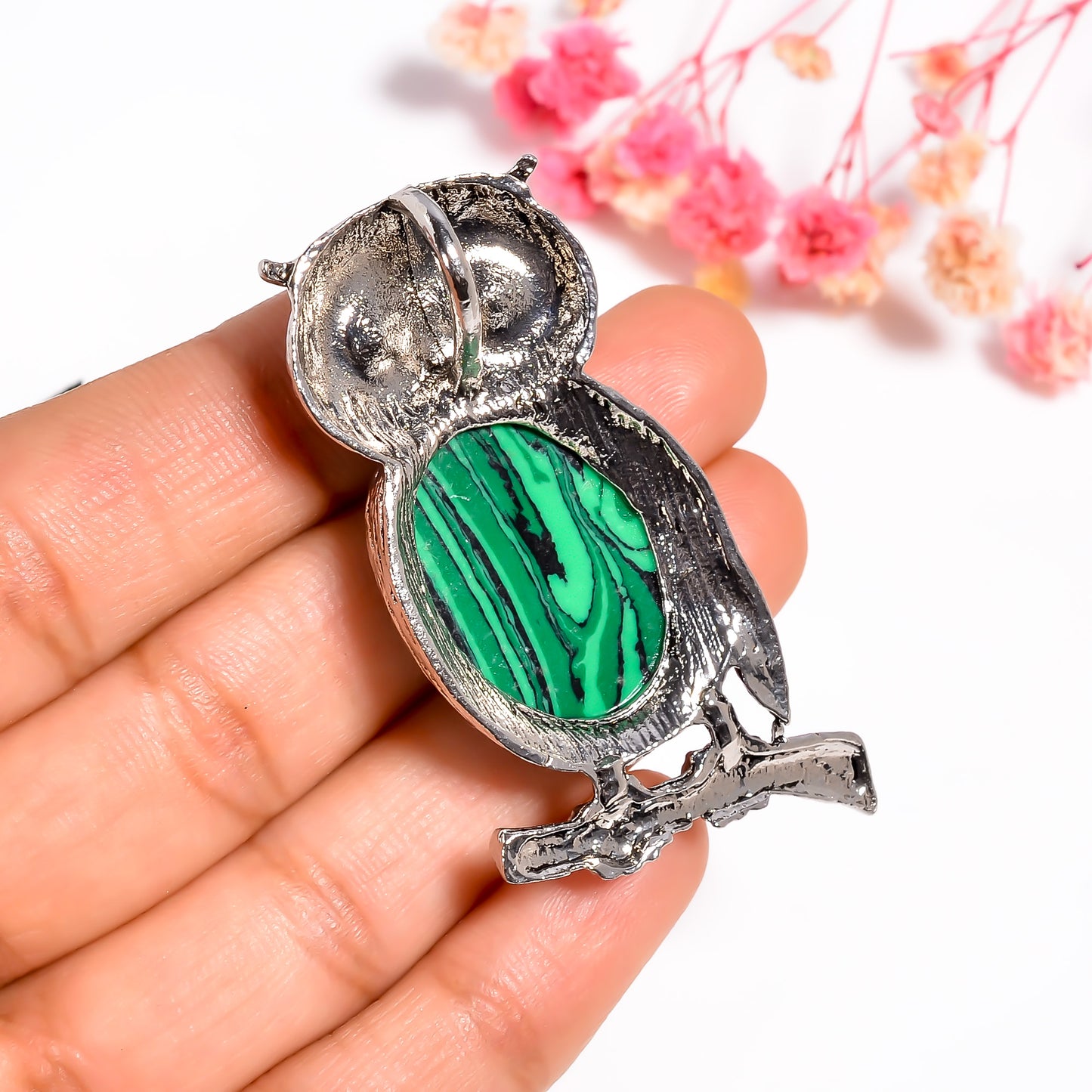 Owl Pendant, Malachite Gemstone Owl Necklace, 925 Silver Natural Gemstone Pendant, Black Onyx Pendant, Healing Crystal Pendant for Her