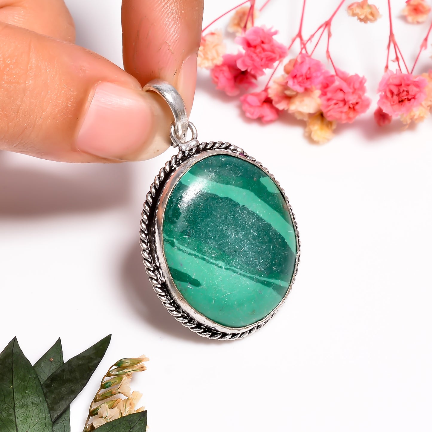 Malachite Necklace, 925 Silver Malachite Gemstone Pendant, Healing Crystal Necklace Pendant for Women, Everyday Jewelry Gift for Her