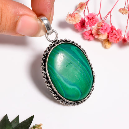 Handmade 925 Silver Malachite Gemstone Pendant For Women - Oval Shape Gemstone Silver Jewelry - Healing crystal necklace Gift For Sister