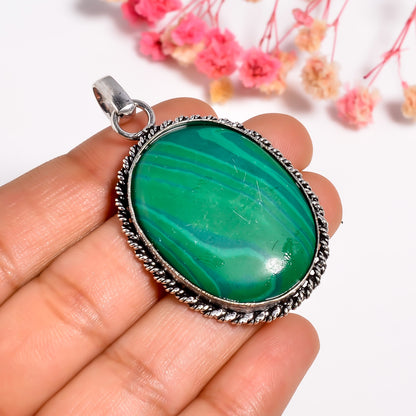 Handmade 925 Silver Malachite Gemstone Pendant For Women - Oval Shape Gemstone Silver Jewelry - Healing crystal necklace Gift For Sister