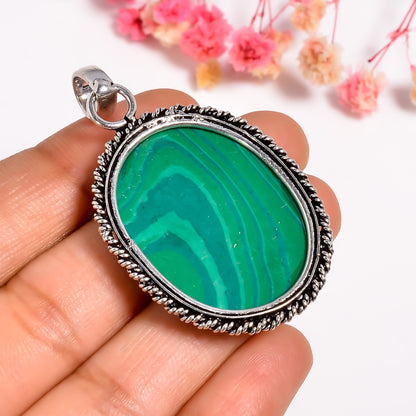 Handmade 925 Silver Malachite Gemstone Pendant For Women - Oval Shape Gemstone Silver Jewelry - Healing crystal necklace Gift For Sister
