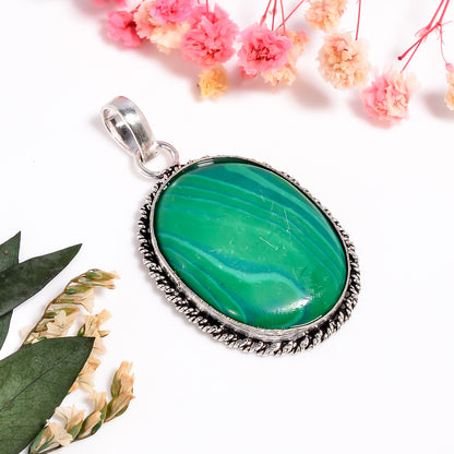 Handmade 925 Silver Malachite Gemstone Pendant For Women - Oval Shape Gemstone Silver Jewelry - Healing crystal necklace Gift For Sister